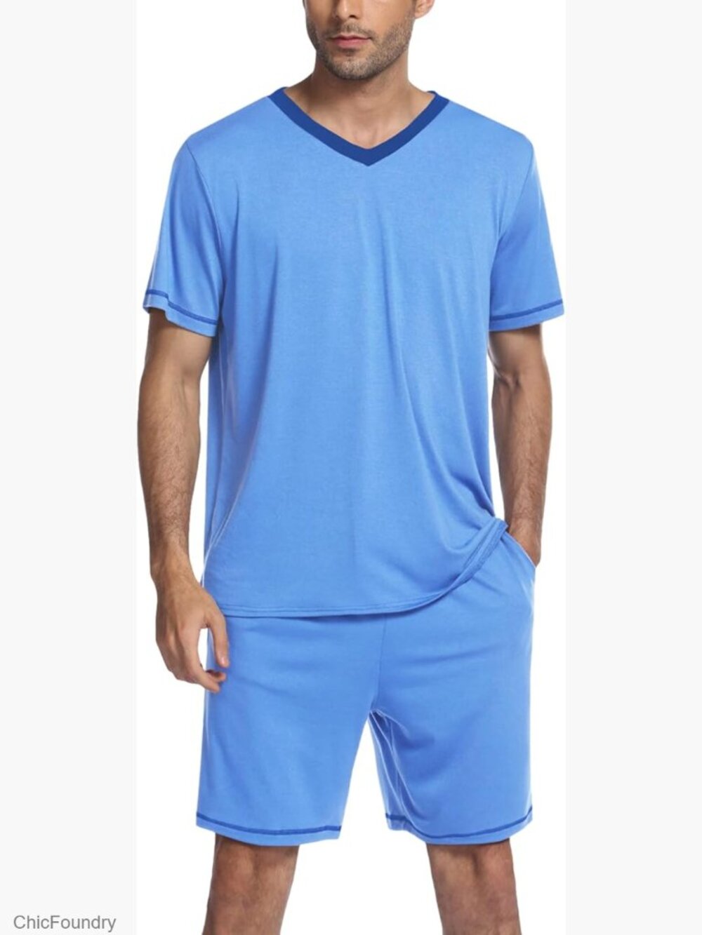 Short Sleeve V Neck 2 Piece Pajama Set with Pockets Nightwear Sleepwear